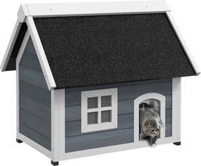PawHut Vonkajší domček pre mačky - drevená mačka jaskyňa so sklopnou strechou, Nepremokavý domček pre mačky s oknom, 3 dverami, 77 x 57,5 x 68 cm, Siv