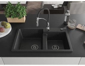 Mexen Tomas, 2-komorový granitový drez 800x500x190 mm a drezová batéria Aster, čierna-strieborná metalíza, 6516-73-73450-07-B
