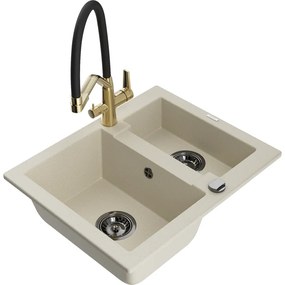 Mexen Carlos, 1,5-komorový granitový drez 582x475x177 mm a drezová batéria Duo, béžová, 6518-69-671701-57-B