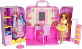 LEAN Toys Šatník so svetlom a zrkadlom, bábika 26 cm, sada oblečenia a doplnky