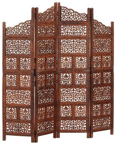Ručne vyrezávaný 4-panelový paraván hnedý 160x165 cm mangovníkový masív