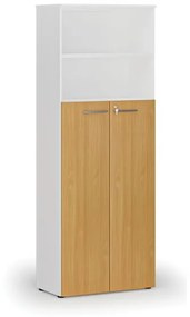 Kombinovaná kancelárska skriňa PRIMO WHITE, dvere na 4 poschodia, 2128 x 800 x 420 mm, biela/buk