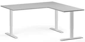 Rohový výškovo nastaviteľný stôl, 160x160 cm, 3 motory, L/P, biela podnož, sivá