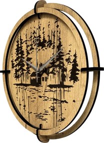 Drevené nástenné hodiny Lesná chatka pri jazere | SENTOP HDF0585-GOLD-OAK