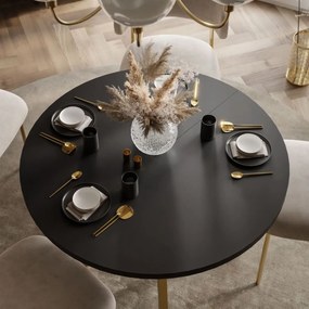 OKRÚHLY ROZKLADACÍ JEDÁLENSKÝ STÔL EWALD ČIERNY MATNÝ + ZLATÉ NOHY 100/140 cm