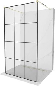 Mexen Kioto, priechodná sprchová zástena 120 x 200 cm, 8mm sklo číre/čierny vzor, 2x zlatá stabilizačná rozpera, 800-120-002-50-77