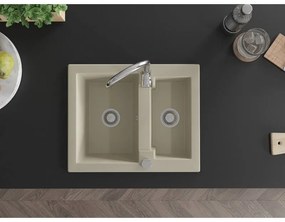Mexen Carlos, granitový drez 582x475x177 mm, 1,5-komorový a drezová batéria Telma, béžová, 6518-69-670200-00