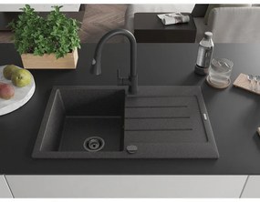 Mexen Bruno, 1-komorový granitový drez 795x495x200 mm a drezová batéria Elia, čierna škvrnitá, 6513-76-670101-70-B