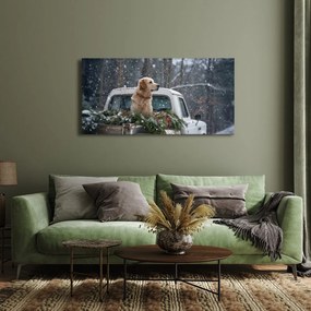 Vianočný obraz pes na korbe plnej ihličia