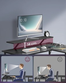 Písací a PC stôl v tvare písmena L so zásuvkami, rohový stôl s LED osvetlením, čierny