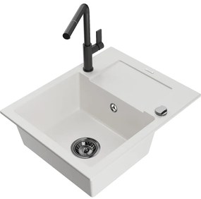 Mexen Enzo, 1-komorový granitový drez 576x465x174 mm a drezová batéria Flora, biela, 6506-20-670401-70-B