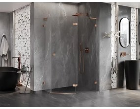 Mexen Lunar, L pravý výklopný päťuholníkový sprchový kút 100 x 80 cm, 8mm číre sklo, profil medená matná, 831L-100P-080L-65-00-P