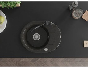 Mexen Kevin, drez granitový 586x458x190 mm, 1-komorový a drezová batéria Carla, čierna-zlatá metalíza, 6517-75-670700-70