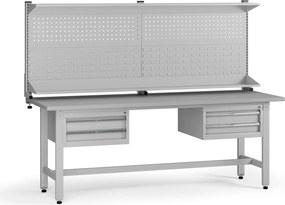 Výškovo nastaviteľný dielenský stôl G5 s nadstavbou, 2100 x 750 x 800-1000 mm, 2x kontajner, 4 zásuvky, sivá