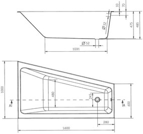 Cersanit Crea slim asymetrická vaňa pravá 160x100cm + nožičky, S301-230