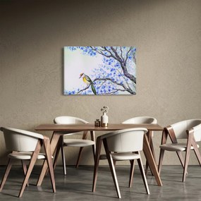 Obraz - Vtáčik na strome s modrými kvetmi (90x60 cm)