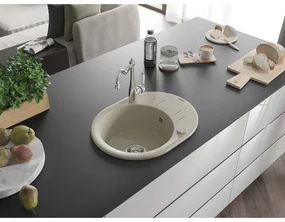 Mexen Kevin, drez granitový 586x458x190 mm, 1-komorový a drezová batéria Carla, béžová, 6517-69-670700-00