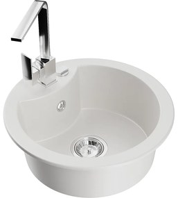 Mexen Diego, 1-komorový granitový drez 488x488x167 mm, chrómový sifón, chrómová batéria Rita, biela, 6512-20-670300-00
