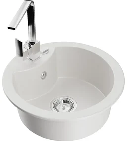 Mexen Diego, 1-komorový granitový drez 488x488x167 mm, chrómový sifón, chrómová batéria Rita, biela, 6512-20-670300-00