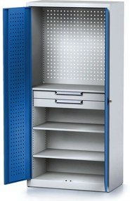 Policová dielenská skriňa 2-dverová MECHANIC, 2 zásuvky, 3 police, 920 x 500 x 1950 mm, modré dvere