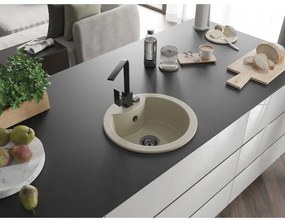 Mexen Diego, 1-komorový granitový drez 488x488x167 mm, čierny sifón, čierna matná batéria Rita, béžová, 6512-69-670300-70