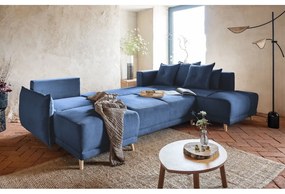 Tmavomodrá menčestrová rozkladacia rohová pohovka (pravý roh/do "U") Lazy Lukka – Miuform