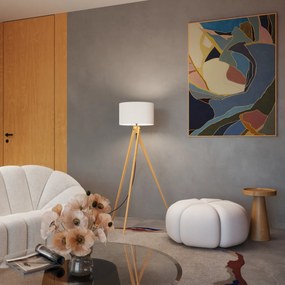 Stojacia lampa Natt, 1x biele textilné tienidlo, drevo