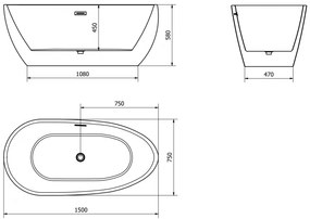 Mexen Eos, voľne stojaca vaňa 150 x 75 cm, biela, zlatý matný prepad, 52471507500-55