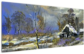 Obraz chalúpky v zimnej krajine, olejomaľba (120x50 cm)