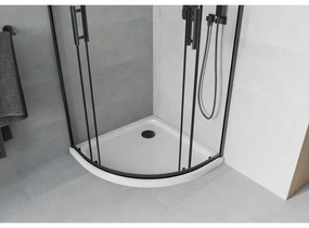 Mexen Rio, štvrťkruhový sprchovací kút s posuvnými dverami 90 x 90 cm, 6mm číre sklo, čierny profil + biela sprchová vanička, 863-090-090-70-00-4110B