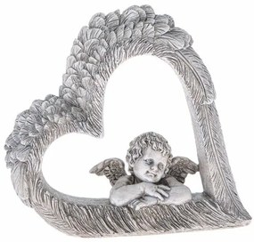 Dekorácia srdca s anjelom, šedá, polyresin, 14,5 x 13,5 x 4 cm