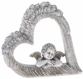 Dekorácia srdca s anjelom, šedá, polyresin, 14,5 x 13,5 x 4 cm