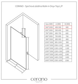 CERANO - Sprchová zástena Walk-in Onyx Top L/P - guľatá vzpera - zlatá kartáčovaná, ryhované sklo - 50x200 cm, CER-CER-8050BD1600