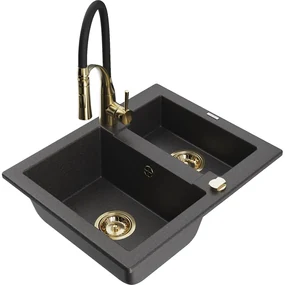 Mexen Carlos, 1,5-komorový granitový drez 582x475x177 mm a drezová batéria Aster, čierna škvrnitá, 6518-76-73450-57-G