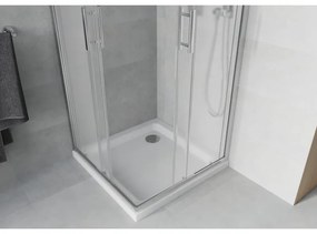 Mexen Rio, štvorcový sprchovací kút s posuvnými dverami 70(dvere) x 70(dvere) x 190 cm, 6mm sklo námraza, chrómový profil + biela sprchová vanička SLIM, 860-070-070-01-30-4010