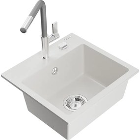 Mexen Milo, 1-komorový granitový drez 435x410x171 mm a drezová batéria Flora, biela, 6505-20-670401-06