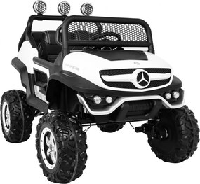 Ramiz Mercedes Benz Unimog elektrické autíčko pre deti biele + pohon 4x4 + diaľkové ovládanie + nosič batožiny + pomalý štart + MP3 + LED
