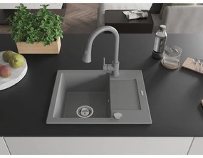 Mexen Enzo, 1-komorový granitový drez 576x465x174 mm a drezová batéria Elia, šedá, 6506-71-670101-71