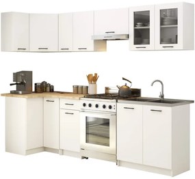 Rohová kuchynská linka OLIVIA 3 m s vitrínou biela