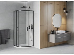 Mexen Rio, štvrťkruhový sprchovací kút s posuvnými dverami 90 x 90 cm, 6mm číre sklo, čierny profil + biela sprchová vanička, 863-090-090-70-00-4110B