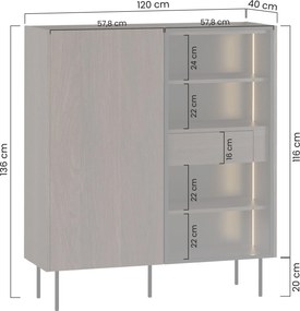 Dvojdverová vitrína Dunari 120 cm s ukrytými zásuvkami - dub dunin