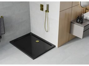 Mexen SLIM - Obdĺžniková sprchová vanička 100x90x5cm + zlatý sifón, čierna, 40709010G