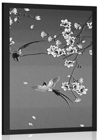 Plagát čiernobiele vtáčiky na konári stromu - 30x45 white