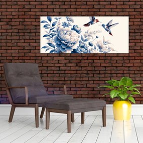Obraz - Kolibríky nad kvetinou (120x50 cm)