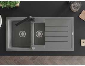 Mexen Andres, granitový drez 1000x500x200 mm, 1,5-komorový, šedá s chrómovým sifónom a čierna drezová batéria Rita, 6515-71-670300-70
