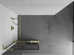 Mexen Kioto+ L, sprchová zástena Walk-In s poličkou a vešiakom 70 x 200 cm, 8mm číre sklo čierny vzor, zlatý matný profil, 800-070-123-55-77