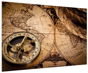 Historický obraz mapy sveta a kompasu (90x60 cm)