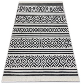 Obojstranný šnúrkový ekologický koberec TWIN 22996 Geometrický vzor, so strapcami, krémovo - čierny