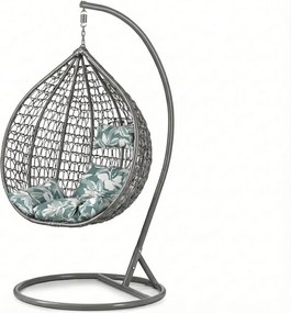 Sivé závesné kreslo KOKON so stojanom, zeleno-biely vankúš