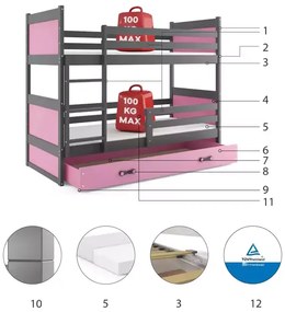 Poschodová detská posteľ RICO GRAFIT 90x200 cm